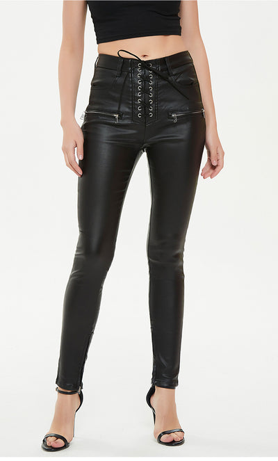 High Waist Slim PU Leather Zipper Pants