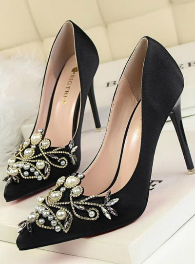 Rhinestone Crystal Shallow Fashion Faux Silk Satin Stiletto