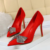 Suede Shallow Pointed Rhinestone Bow Shoes