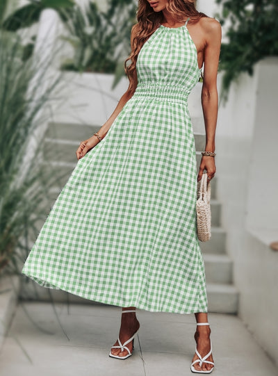 Sling Girdle Waist Plaid Halter Dress