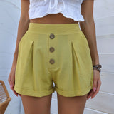 Button-waist Cotton Solid Color Shorts