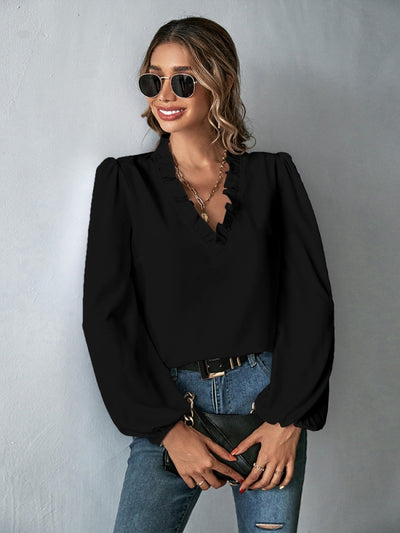 Lotus Leaf V-neck Loose Long Sleeve Shirt