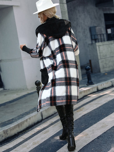 Striped Plush Hooded Patchwork Plaid Jacket