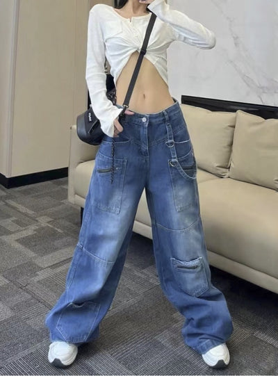 Low-waist Multi-pocket Wide-leg Jeans