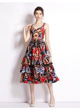 Printed V-neck Waist Cake Dress