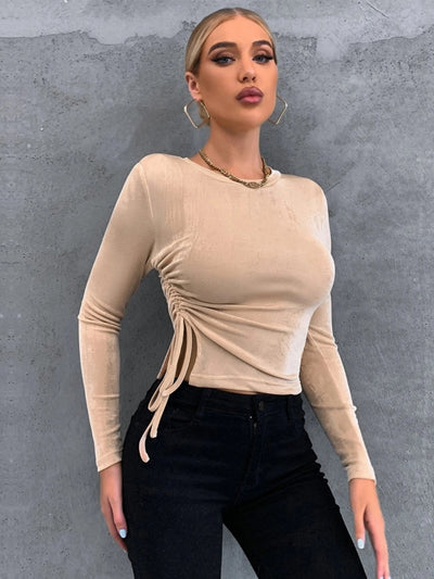 Pleated Slim Crewneck Long Sleeve T-shirt