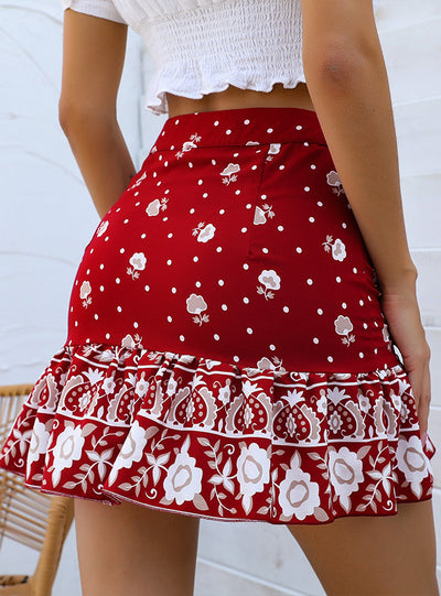 Red Christmas Flounce Print Skirt