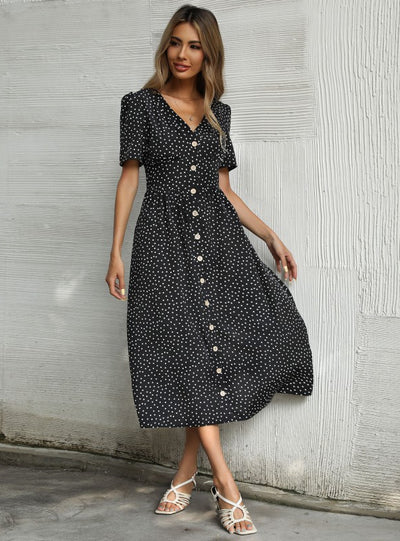 Button Dot V-neck Short Sleeve Dress