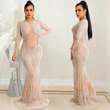 Sexy Hot Drilling Gauze Perspective Long Sleeve Dress