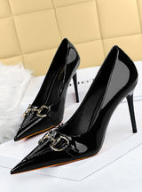 Bright Patent Leather Pointed Metal Buckle Shoes