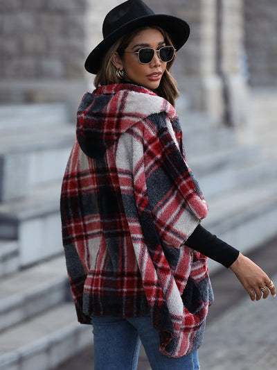 Women Plush Plaid Buttonless Coat