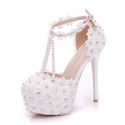 White Lace Beaded Bridal Shoes