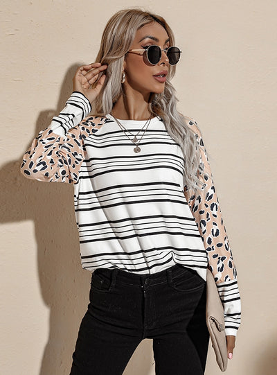 Striped Round Neck Loose Blouse T-shirt