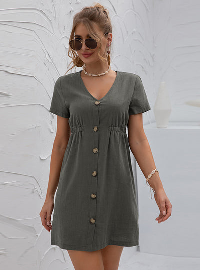 V-neck High Waist Button-down Dress