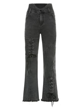 Retro Flanging Irregular Waist Strap Split Jeans