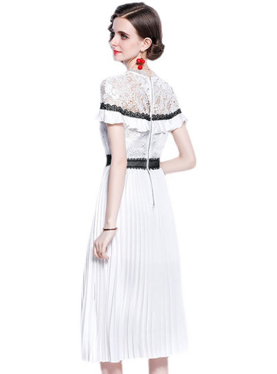 White Lace Waist Slim Pleats Dress