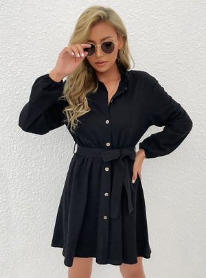 Long Sleeve Lace-up Collar Shirt Dress