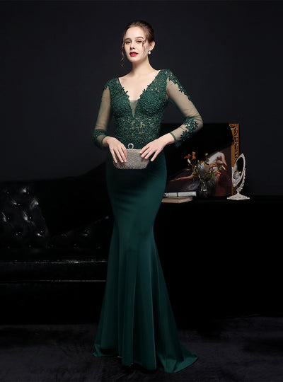 Long Sleeve V-neck Appliques Prom Dress