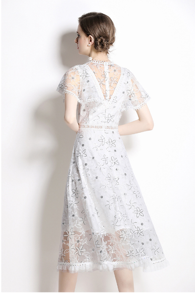 Women White Lace Sequins Retro Dress