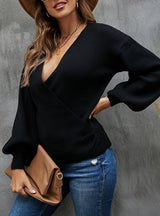 V-neck Lantern Sleeve Chest Sweater