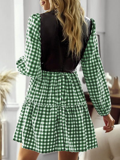 Fake Two-piece Plaid Long Sleeve Dress