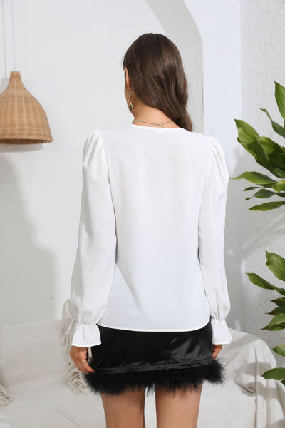 Spliced V-neck Ruffled Long Sleeve Shirt