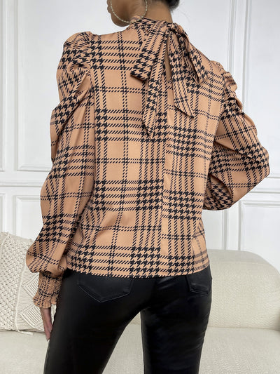 Bubble Sleeve Houndstooth Print Top