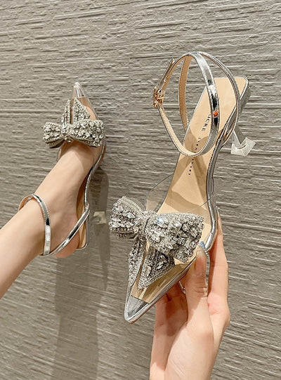 Pointed Bow Rhinestone High Heels