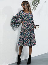 Lotus Leaf Round Collar Floral Trumpet Sleeve Dress