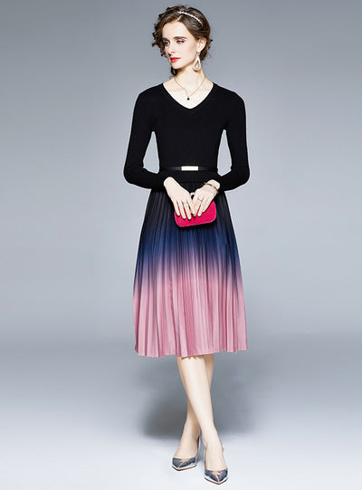 Slim Waist Gradient Pleated Long Sleeve Prom Dress