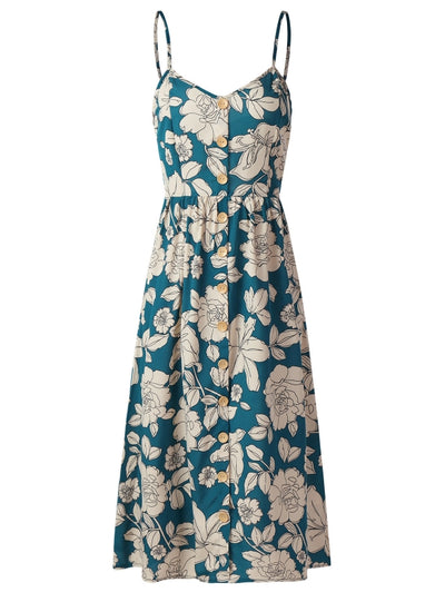 Printed Sling Single-breasted Backless Dress