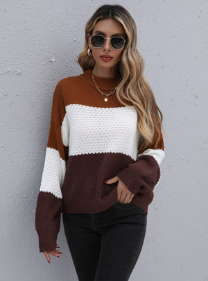 Loose Color Matching Sweater Round Neck Pullover