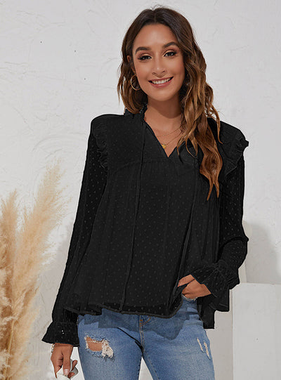 V-neck Jacquard Long Sleeve Ruffled Chiffon Shirt