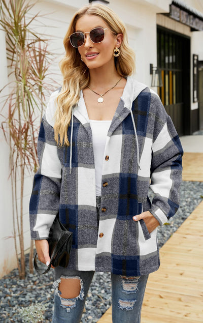 Hooded Casual Loose Shirt Plaid Coat