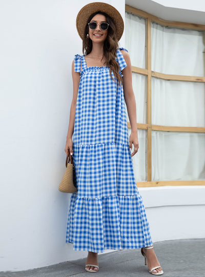 Plaid Lace-up Print Long Dress