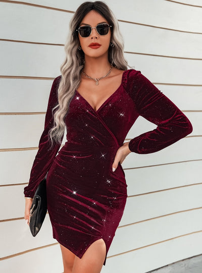 Fashion V-neck Long Sleeve Velvet Dress