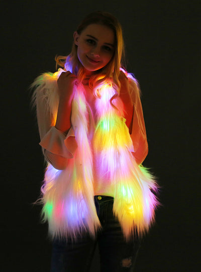 Hooded Vest Long Hair Faux Fur Coat Belt Led Lamp