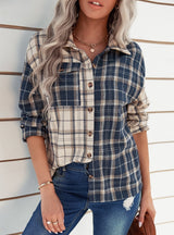 Collar Check Top Long Sleeve Loose Shirt