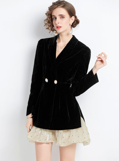 Collar Stitching Long Sleeve Velvet Dress