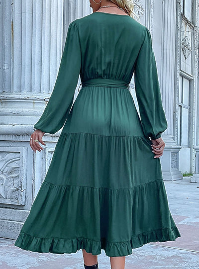 Long Sleeve V-neck Pleated Green Dress