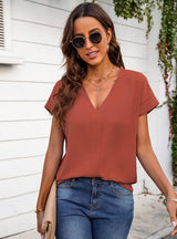 Solid Color V-neck Short Sleeve T-shirt