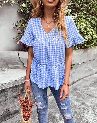 Short-sleeved Plaid Ruffled Blouse