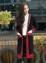 Long Sweater Coat Open Stitch V-neck Pockets 