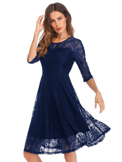 Round Neck Big Swing Retro Lace Dress