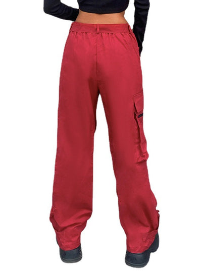 Red Overalls Casual Slim Straight Pants