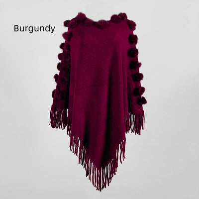 Fringed Fur Ball Round Collar Pullover Cape Shawl