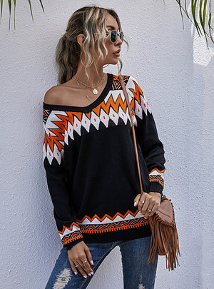 Contrast Pullover Long Sleeve V-neck Sweater