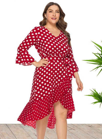 V-neck Ruffled Polka Dot Dress