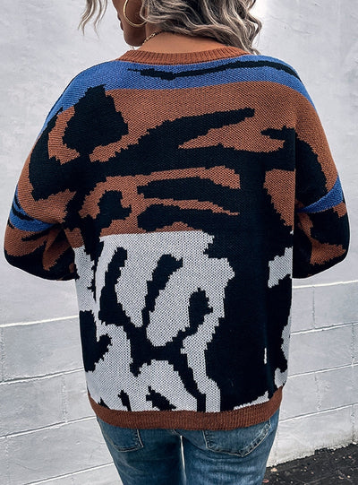 Tiger Print Contrast Crewneck Pullover Sweater