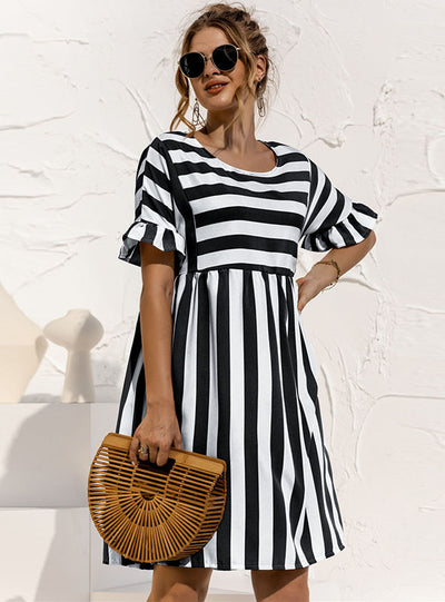 Cute Loose Striped Print Ruffles Sleeves Dresses